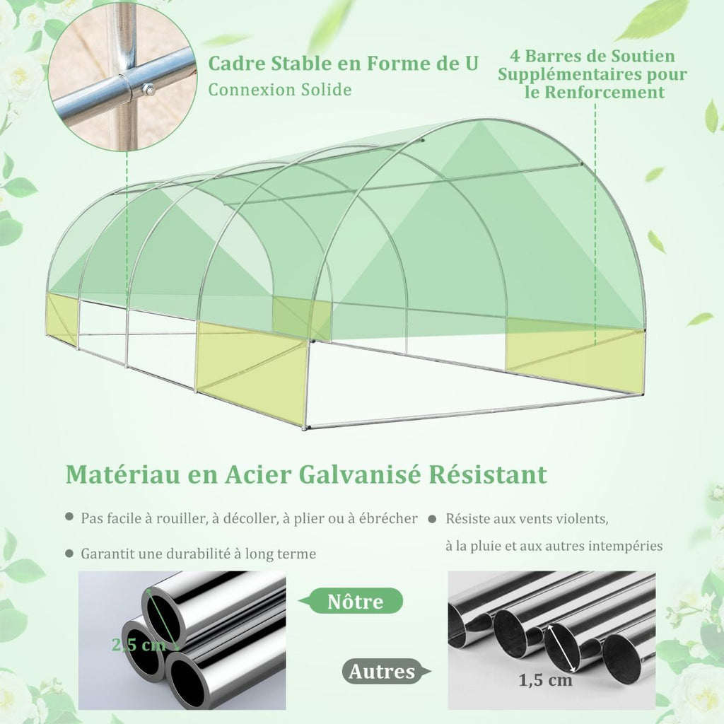 Serre de Jardin Tunnel Cadre en Acier Galvanisé Robuste Serre Tunnel Coupe-vent avec Cerceau 8 Fenêtres Enroulables Vert -