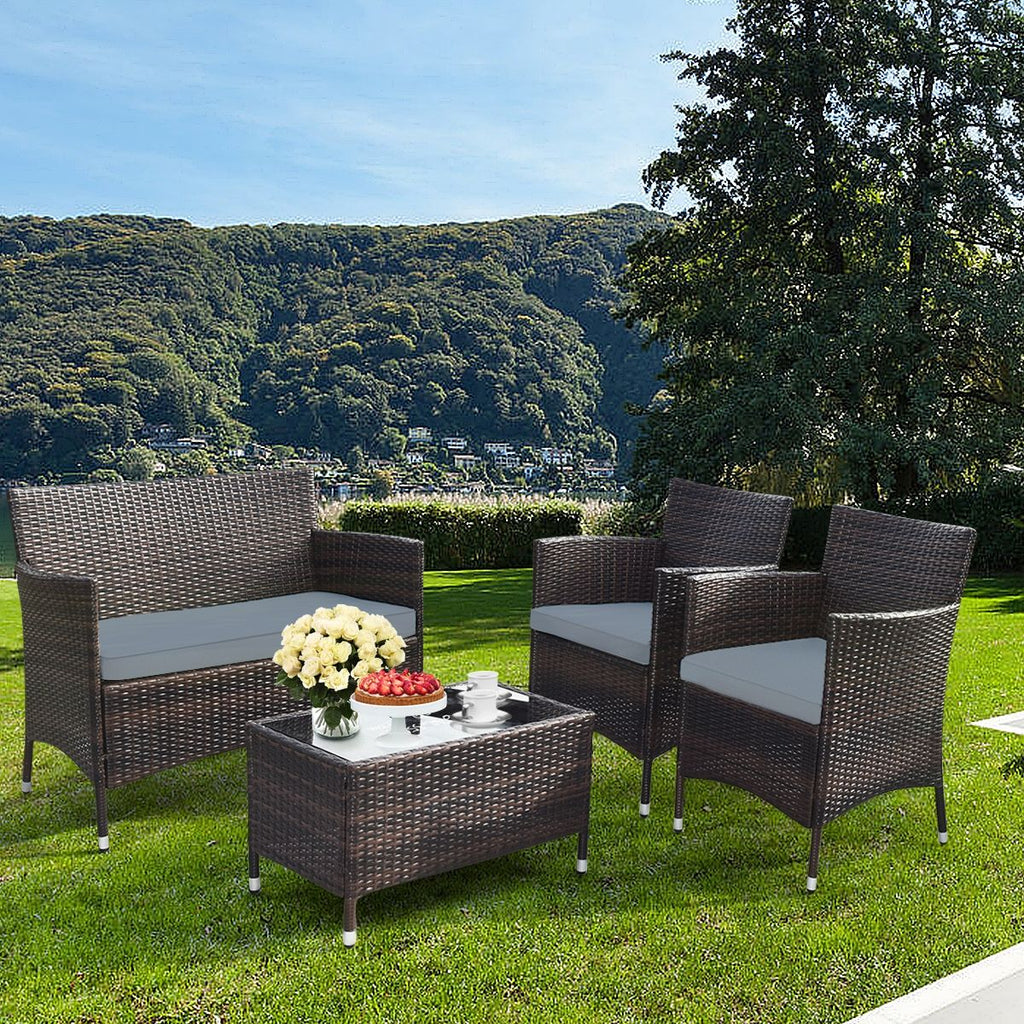 Salon de Jardin 4 PCS Mobilier de Terrasse en Rotin PE pour Véranda Patio Terrasse Piscine Marron et Gris -