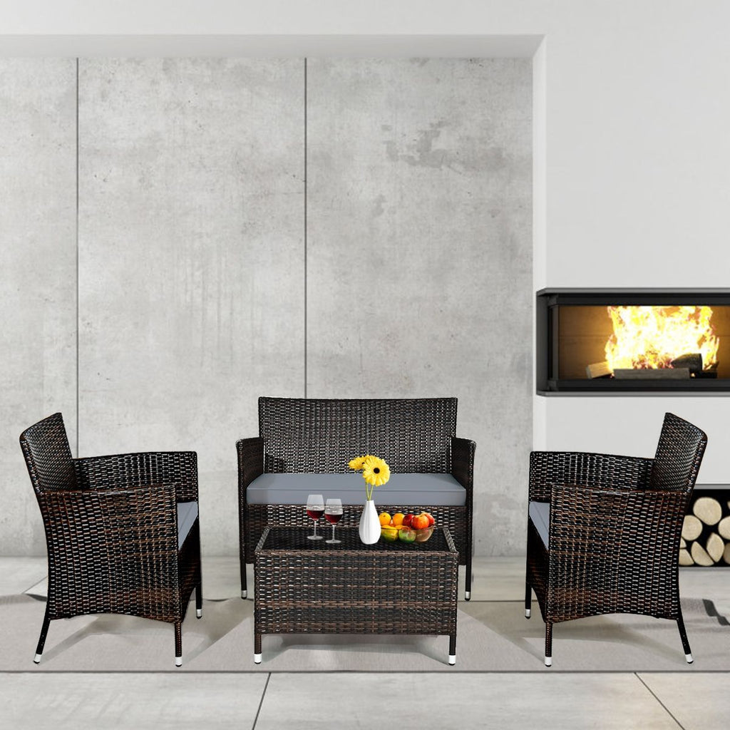 Salon de Jardin 4 PCS Mobilier de Terrasse en Rotin PE pour Véranda Patio Terrasse Piscine Marron et Gris -