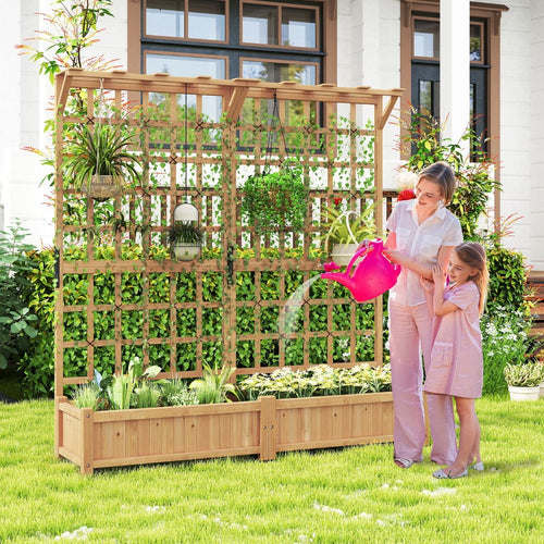 Jardinière avec 2 Treillis 2 Bacs Toit Suspendu en Bois Lit de Jardin Surélevé avec 4 Trous de Drainage 180 x 48 x 183 cm Orange -