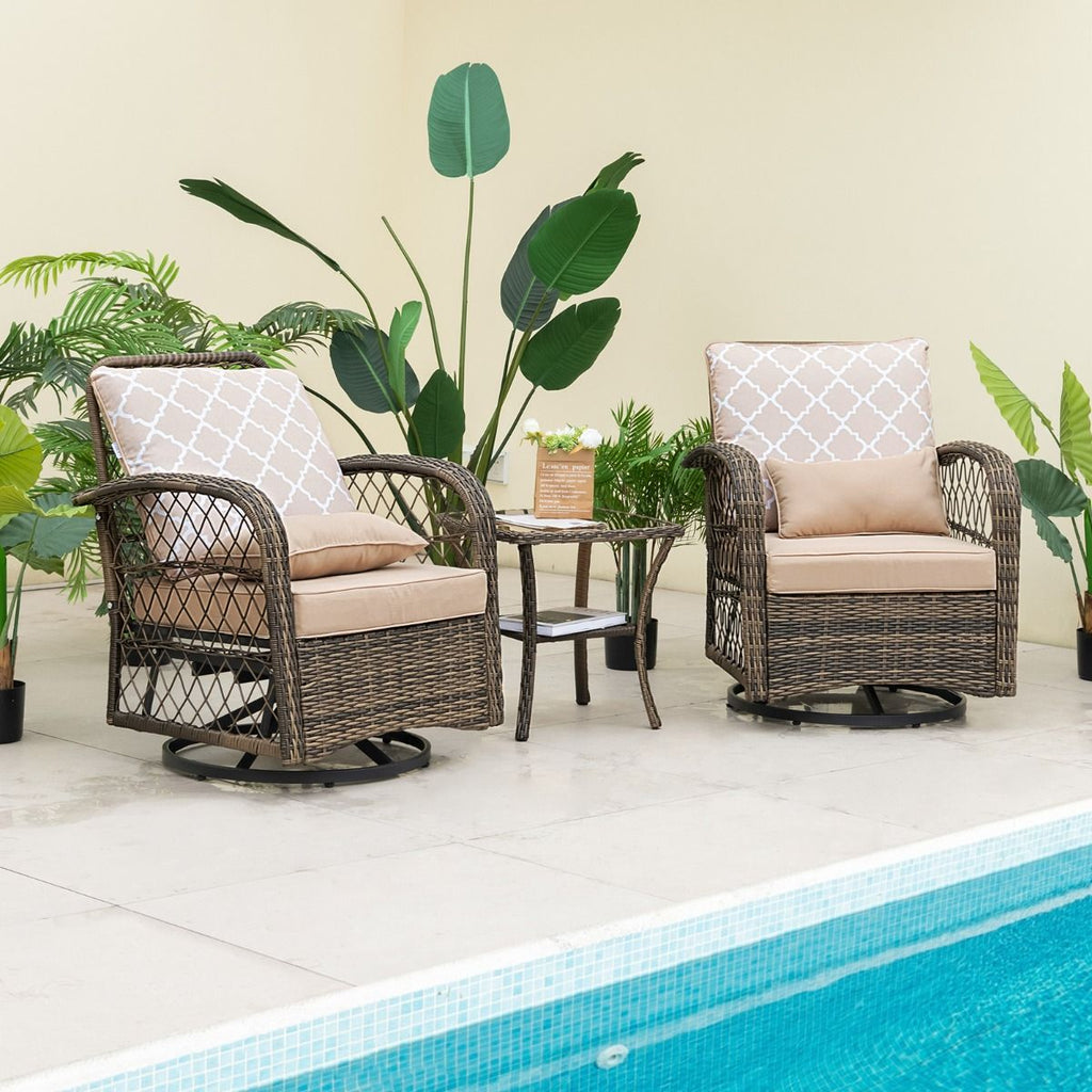 Salon de Jardin Extérieur 3PCS - 2 en Fauteuils à Bascule Pivotant à 360°Rotin PE Cadre Métal our Terrasse Balcon -