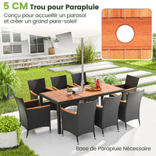 Load image into Gallery viewer, Salon de Jardin en Rotin 9 Pièces Plateau de Table en Acacia Ensemble de Salle à Manger avec Coussins Amovibles Trou Charge 180KG Beige+Noir -
