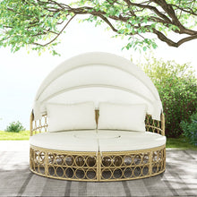 Load image into Gallery viewer, Lit de Repos Rond pour Patio avec Auvent Rétractable Ensemble de Siège Sectionnels Séparés en Rotin PE avec Coussins Doux Blanc -