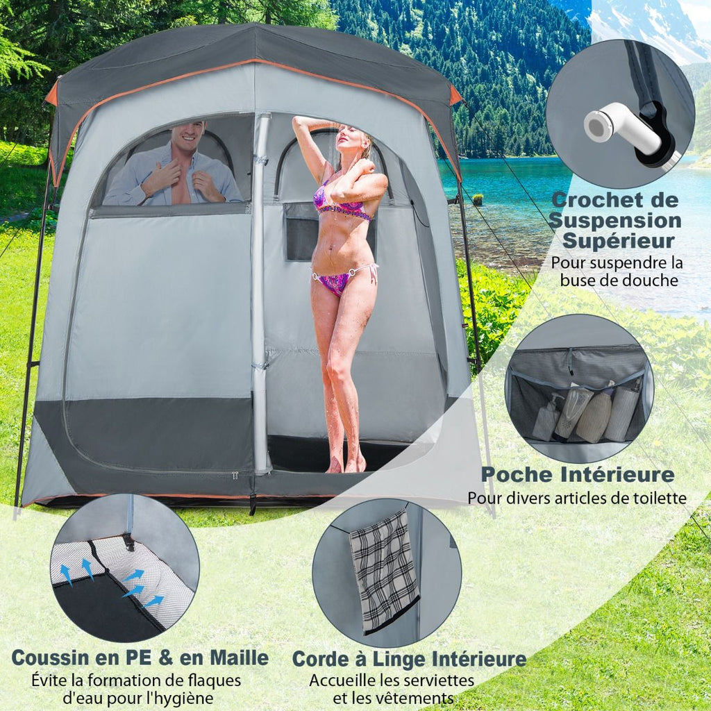 Tente Cabine de Douche Portable 2 Personnes en 2 Parties avec Bâche de Pluie Amovible Corde à Linge Crochet 210x107x210 cm Gris -