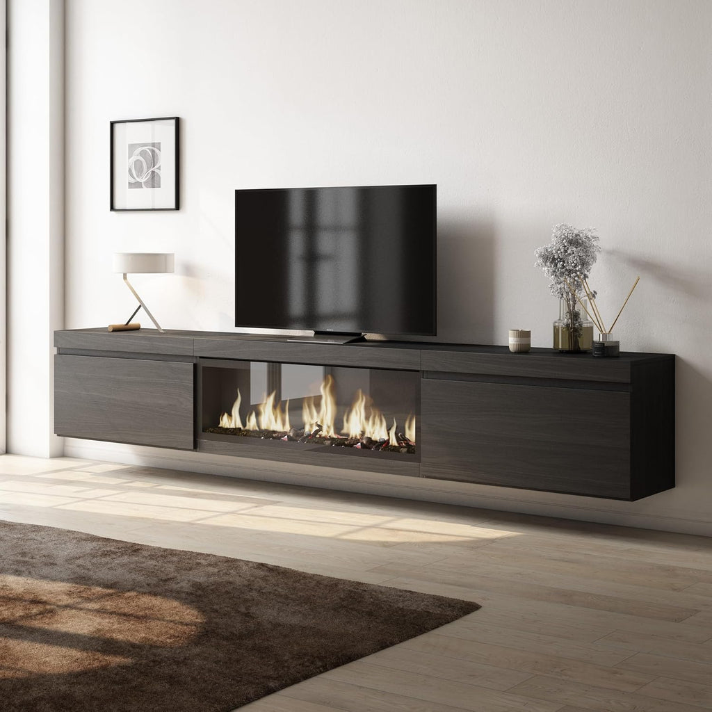 Skraut Home | Meuble TV | Banc Télé | Grand Espace de Rangement | 267x45x35 cm | TV Grand Format | Cheminée électrique XXL | Suspendu, Mural | Style Moderne | Noir
