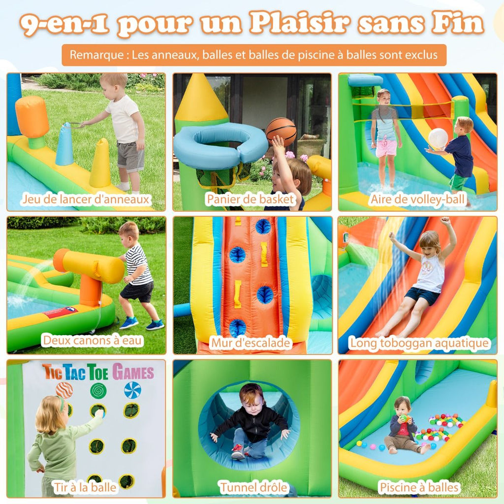 Toboggan Aquatique Gonflable Gant pour Enfants Piscine  claboussures sures Mur D'escalade Canons  Eau Lancer D'anneaux Cerceau (sans Souffleur) Multicolore -