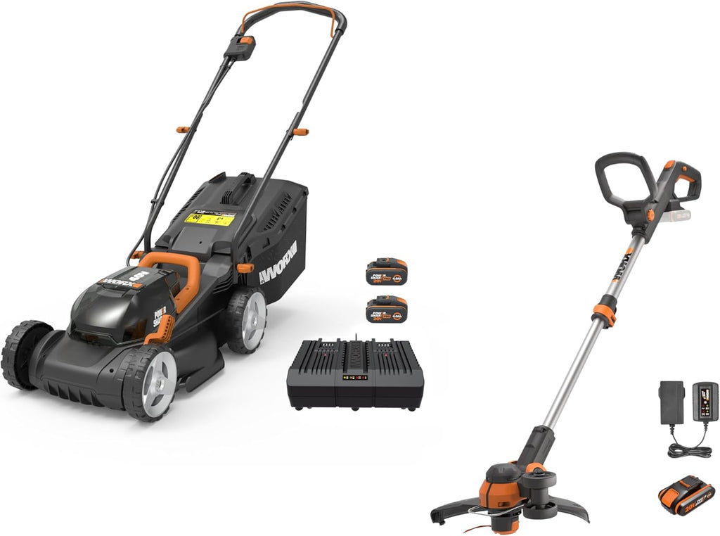 Pack Pro+ Tondeuse à Gazon 40V 460m² + Coupe-Bordures 20V + 2 Batteries 4Ah et 1 Batterie 2Ah + Chargeur Double et Chargeur Simple (Idéal pour l'Entretien du Jardin)