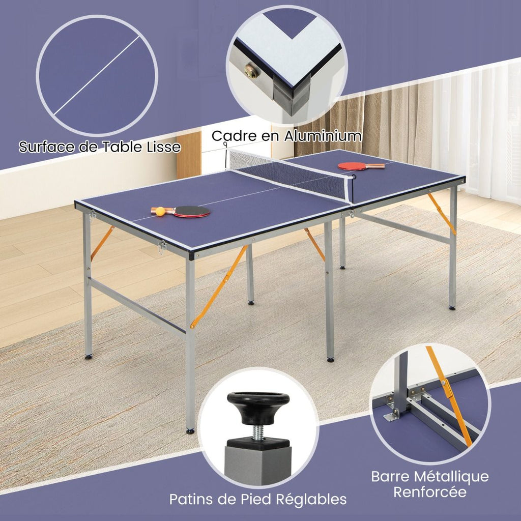 Table de Ping-Pong Pliable Peu Encombrante avec Filet Tennis de Table avec 2 Raquettes 3 Balle Pieds Réglables 180 x 90 x 76 cm -