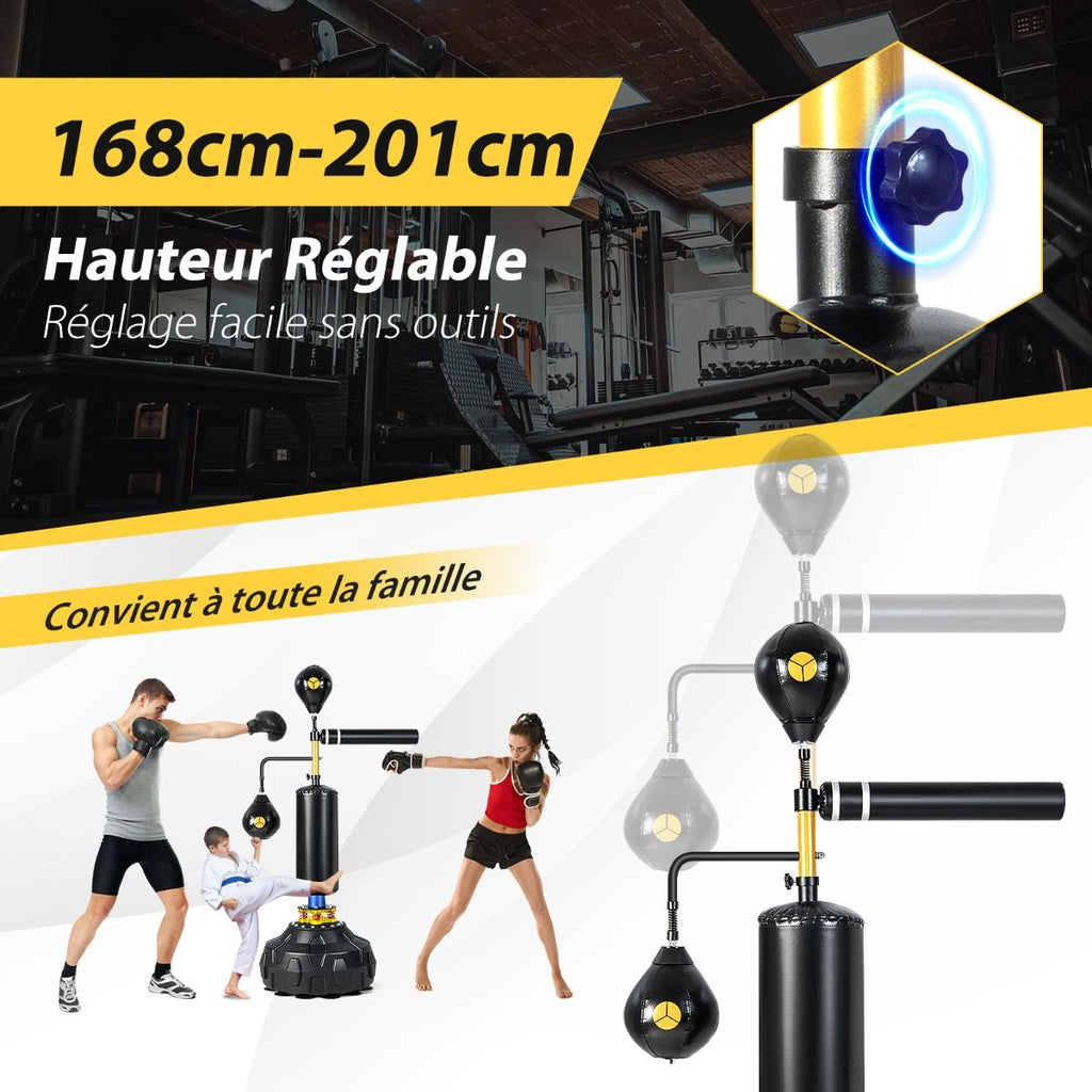 Sac de Frappe sur Pied Entraîneur de Vitesse en Boxe Barre Pivotante à 360° Punching Ball Hauteur Réglable 168-201cm pour MMA Adolescents & Adultes -