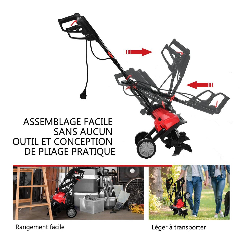 Motobineuse Motoculteur Électrique 1200W Profondeur Travail 22CM Largeur 35CM avec Poignée Pliable Roues Réglables 4 Lames -