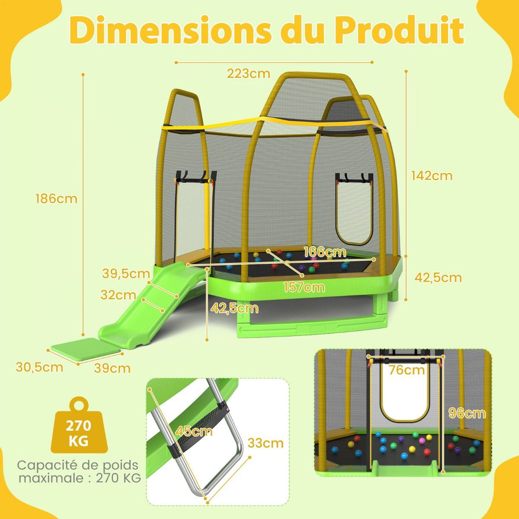 Trampoline Extérieur Ø 223cm avec Toboggan&Echelle avec Filet de Sécurité 2 Portes en U Charge 270kg pour 2-3 Enfants de 3 Ans+ Bleu/Vert -