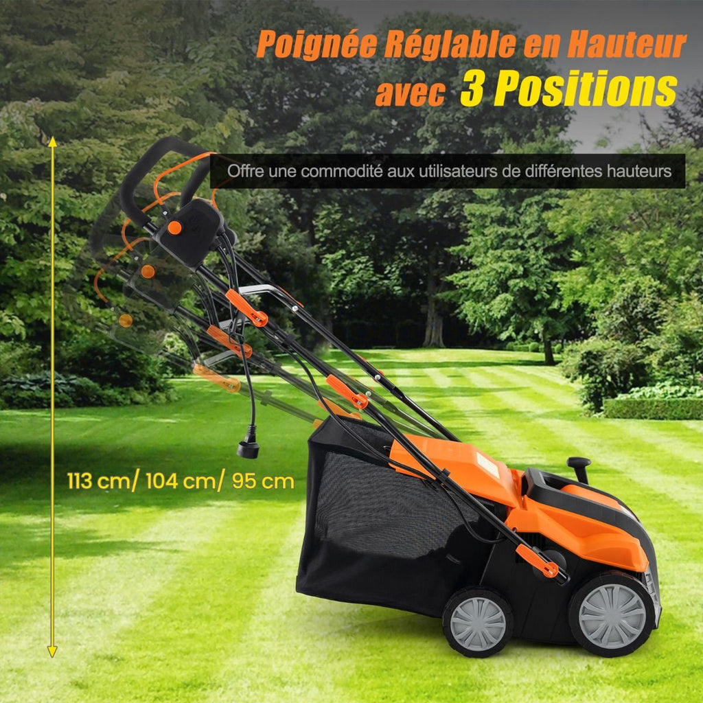 Scarificateur Électrique 2 en 1 de 15A avec Double Interrupteur de Sécurité Réglable Sac de Ramassage 55 L Scarificateur Orange/Vert -