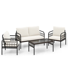 Load image into Gallery viewer, Meubles de Patio 4 Pices en Rotin Charge 180-360KG avec Chaises Causeuse Coussins et Table Basse en Verre Tremp pour Balcon Blanc -
