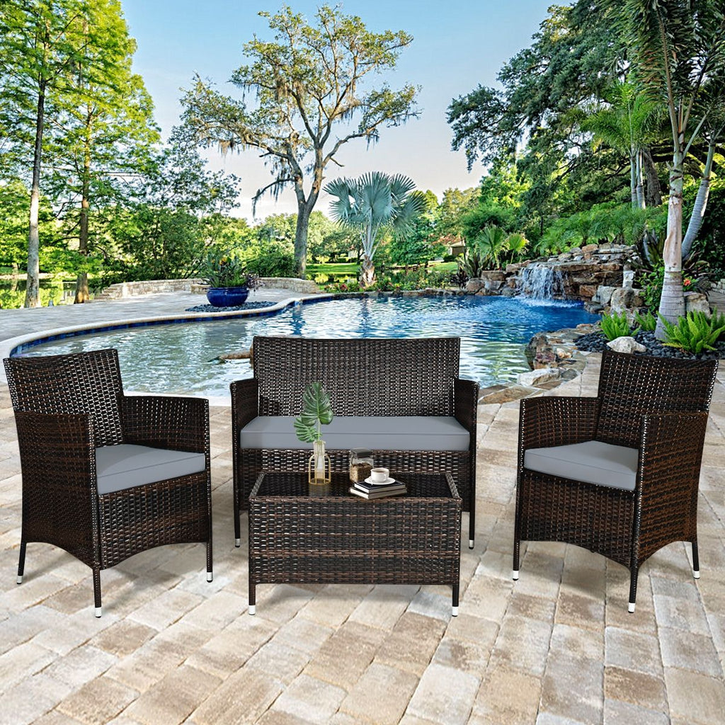 Salon de Jardin 4 PCS Mobilier de Terrasse en Rotin PE pour Vranda Patio Terrasse Piscine Marron et Gris -