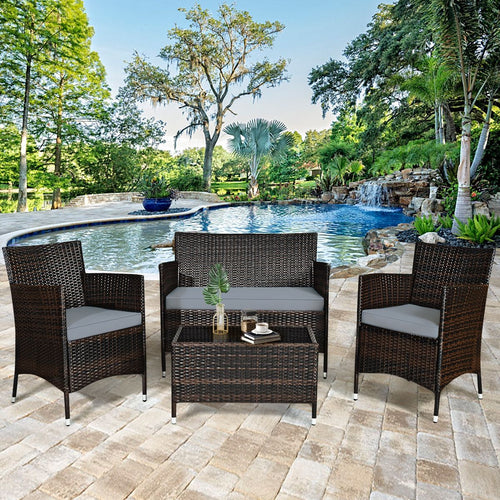 Salon de Jardin 4 PCS Mobilier de Terrasse en Rotin PE pour Vranda Patio Terrasse Piscine Marron et Gris -