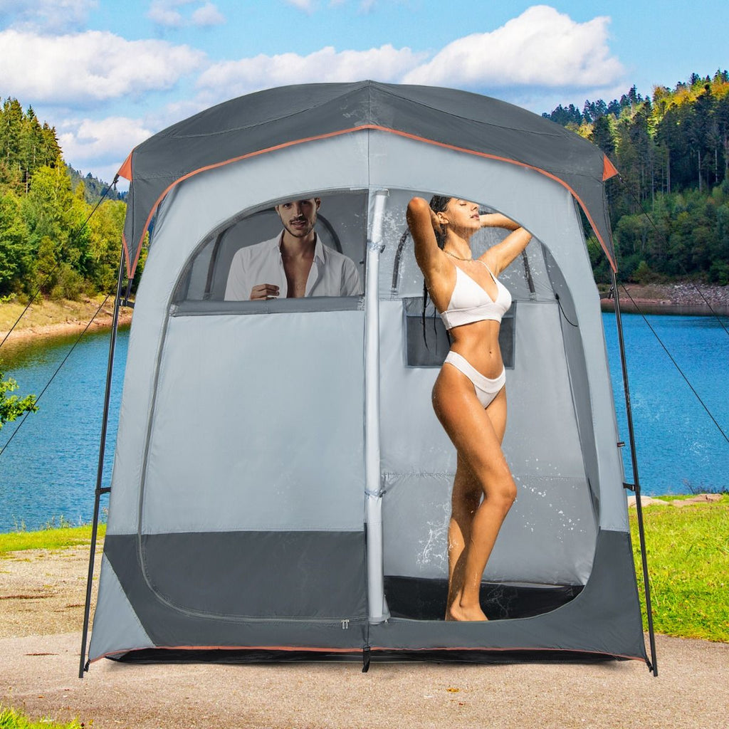 Tente Cabine de Douche Portable 2 Personnes en 2 Parties avec Bâche de Pluie Amovible Corde à Linge Crochet 210x107x210 cm Gris -