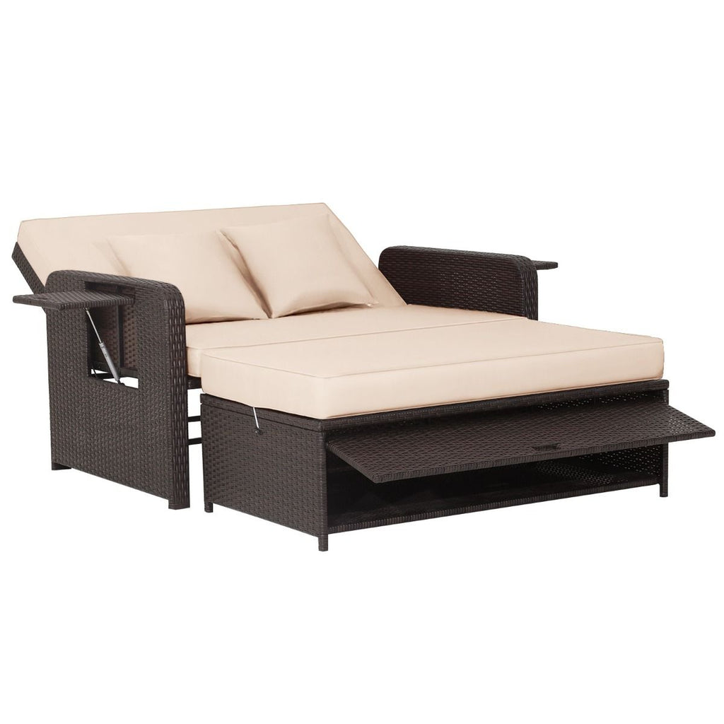 Salon de Jardin Extérieur Ajustable à Lit,2 Place avec Stockage Caché,Dossier Réglable à 4 Niveaux en Rotin PE -
