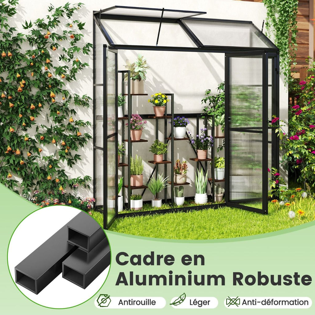 Serre de Jardin Extérieure en Aluminium Serre Mini Walk-in avec Lucarne et 3 Portes Fermables Plaques PC Résistantes au Soleil Noir -