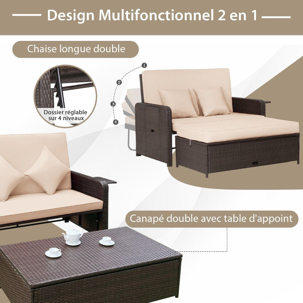 Salon de Jardin Extérieur Ajustable à Lit,2 Place avec Stockage Caché,Dossier Réglable à 4 Niveaux en Rotin PE -