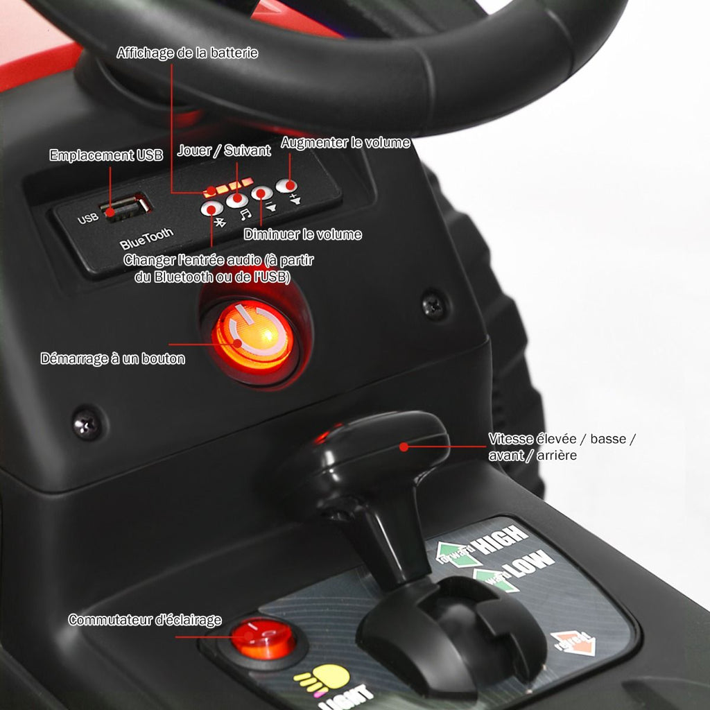 Tracteur Electrique avec Remorque pour Enfants 3 Vitesses Lumières LED Fonctions o USB et Bluetooth Jaune/Rose/Rouge/Vert/Vert Foncé/Noir -