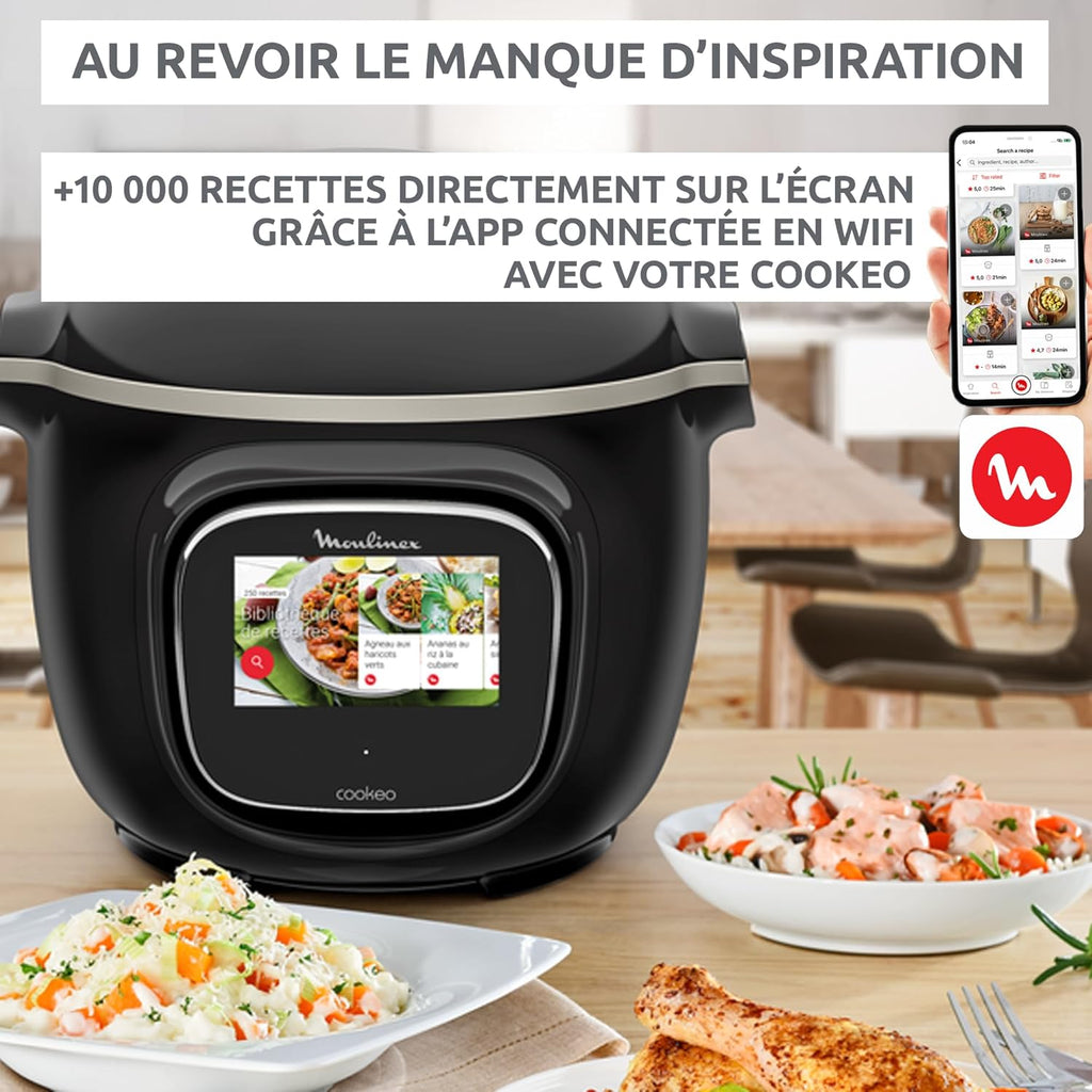 Moulinex Cookeo Touch Wifi Multicuiseur intelligent, Cuve 6 L, Haute pression, Guide pas à pas, 250 recettes intégrées, Application Moulinex CE902800, Noir