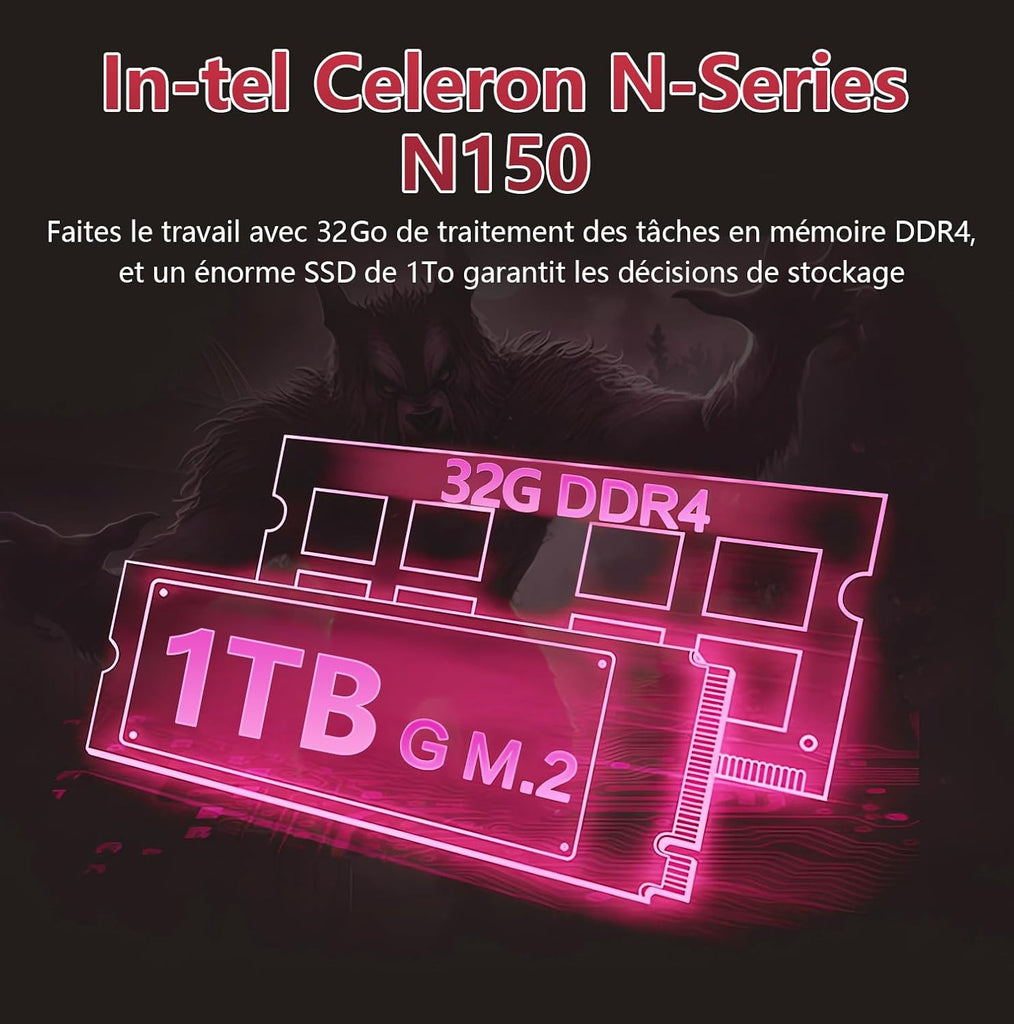 Pryloxen Ordinateur Portable Ultra-Fin 15 6" FHD IPS - Processeur Celeron N150 3 4 GHz 32 Go DDR4/1 to SSD Clavier Rétroéclairé Wi-FI 5G & Batterie 8000 mAh (360 × 275 × 18 mm 1 679 kg)