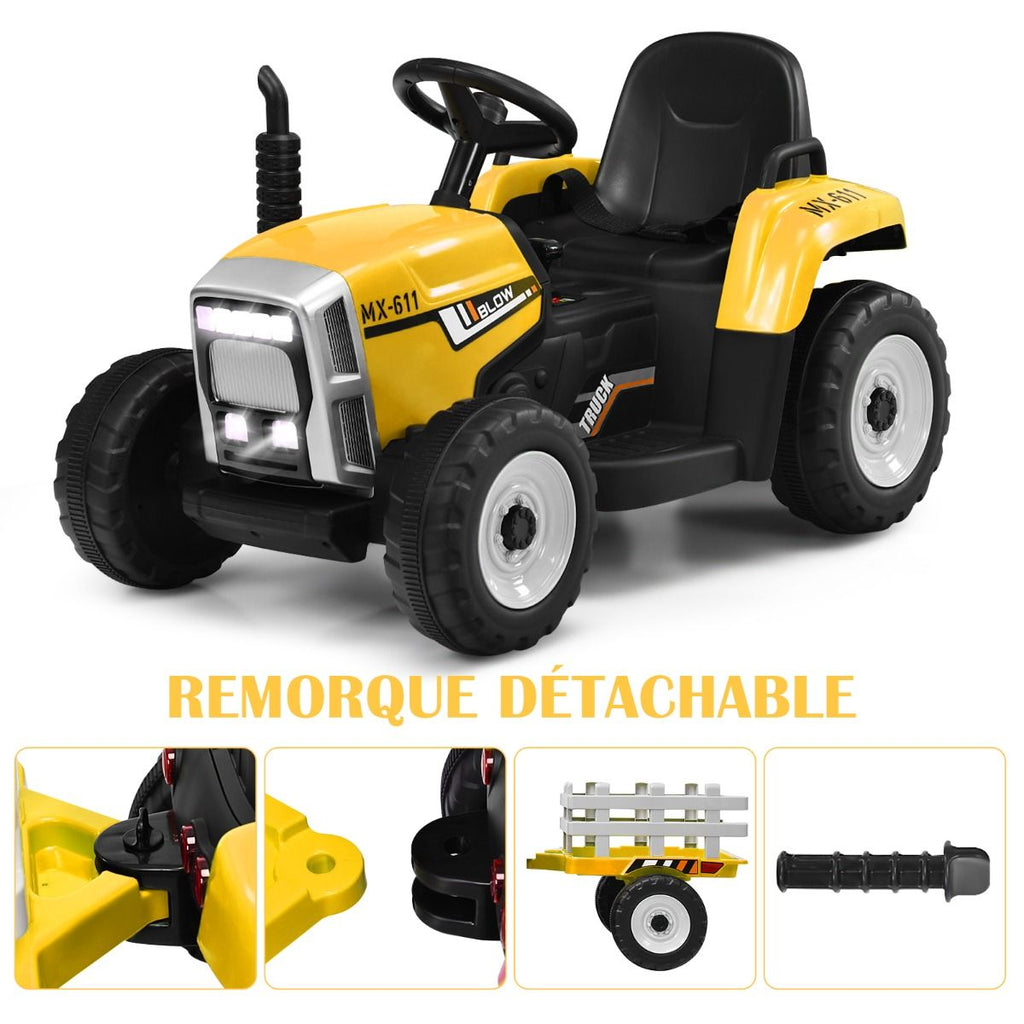 Tracteur Electrique avec Remorque pour Enfants 3 Vitesses Lumières LED Fonctions o USB et Bluetooth Jaune/Rose/Rouge/Vert/Vert Foncé/Noir -