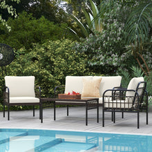 Load image into Gallery viewer, Meubles de Patio 4 Pièces en Rotin Charge 180-360KG avec Chaises Causeuse Coussins et Table Basse en Verre Trempé pour Balcon Blanc -