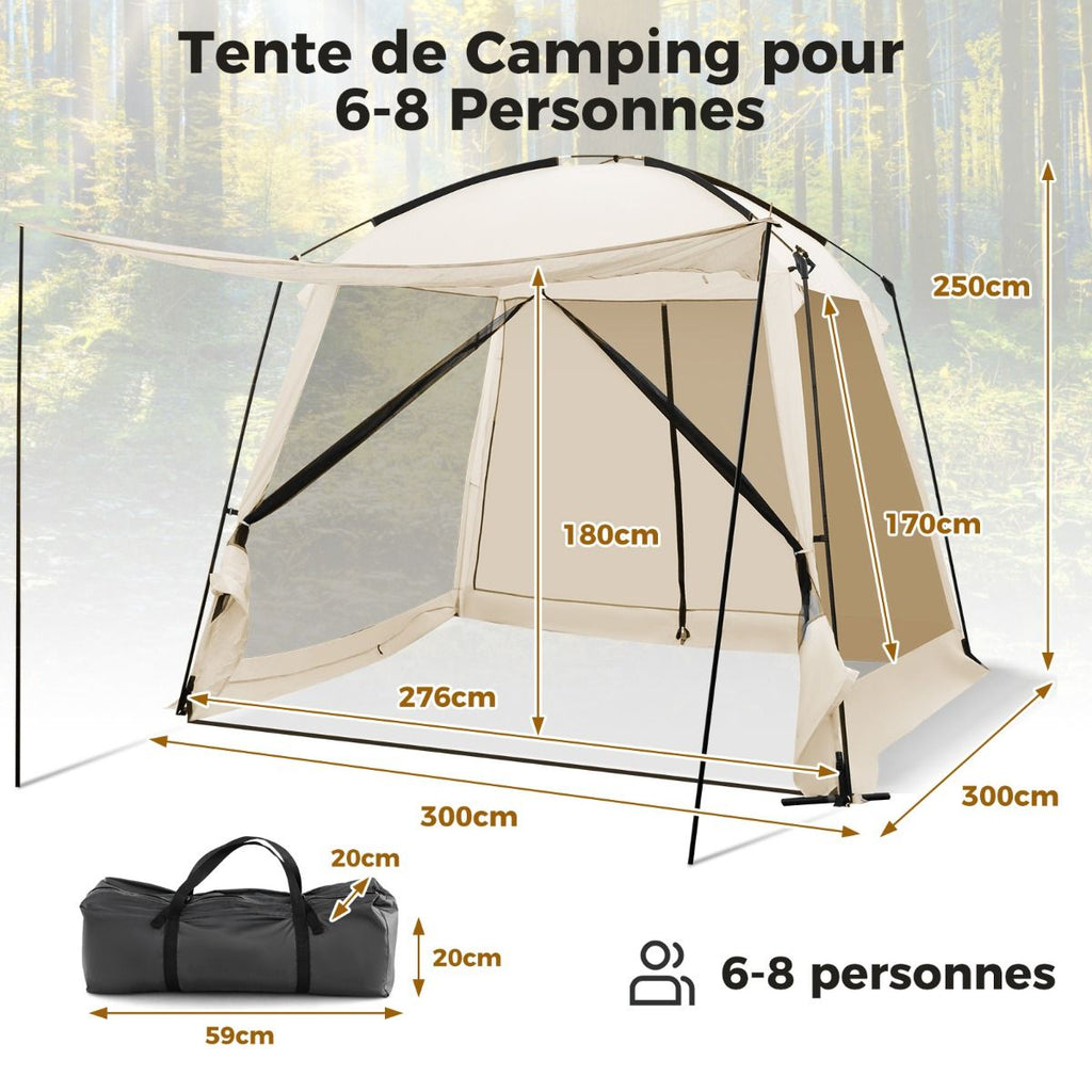 Tente de Camping pour 8-10 Personnes Tente Dôme avec Vestibule et Moustiquaire Porte Zippée Tente Portable avec Sac de Transport 300x300x250cm Beige -