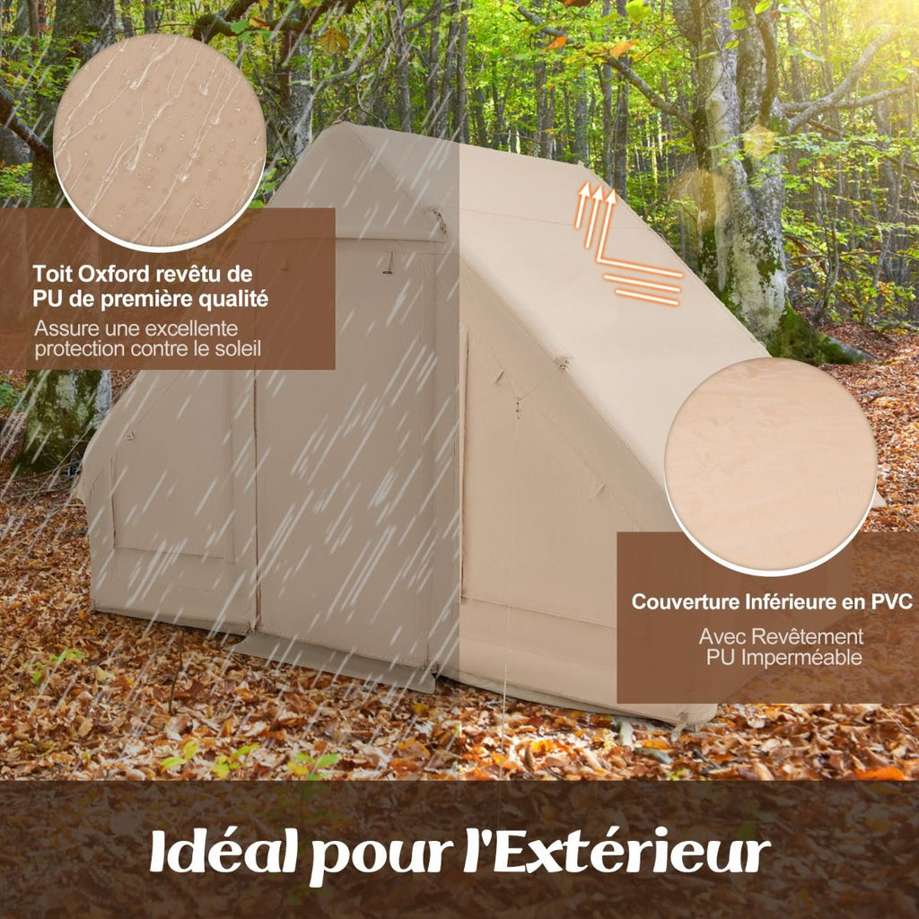 Tente de Camping Gonflable 6 m² pour 4-6 Personnes Tente en Coton Coupe-vent et Imperméable avec Pompe 7 Fenêtres à Moustiquaire Beige -
