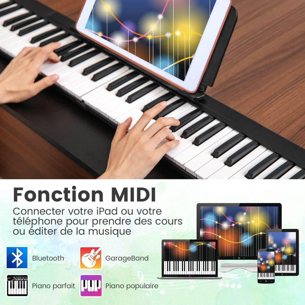 Piano Numrique Pliable  88 Touches avec Fonction Bluetooth MIDI Clavier lectronique Portable avec Pdale de Sustain Sac de Transport -