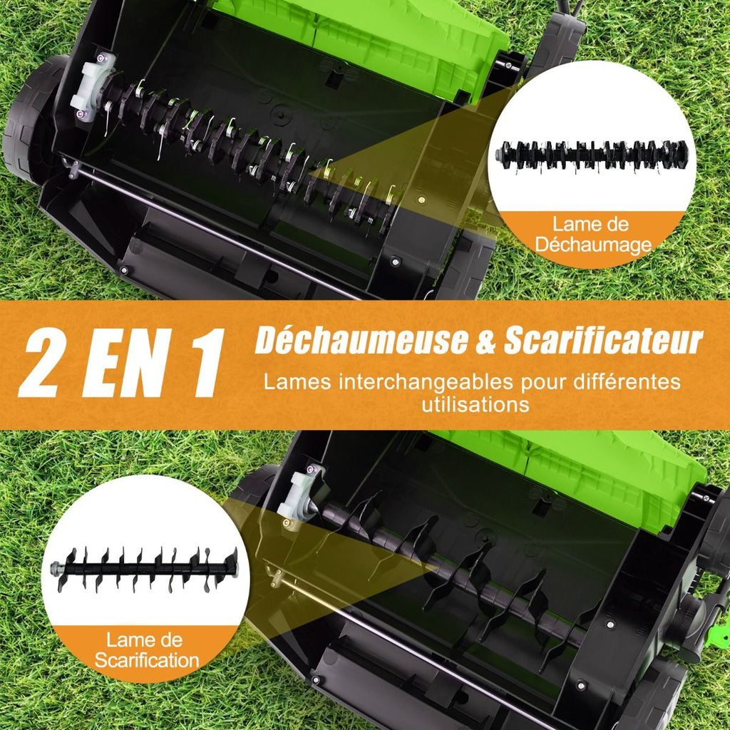 Scarificateur Électrique 2 en 1 de 15A avec Double Interrupteur de Sécurité Réglable Sac de Ramassage 55 L Scarificateur Orange/Vert -