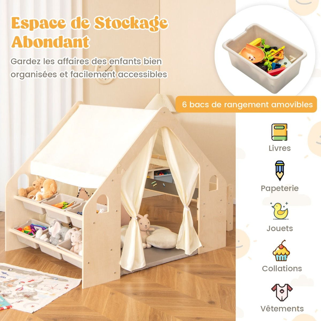 Tente de Jeu d'Intérieur en Bois pour Enfants 6 en 1 Tableau Noir Table Chaise 6 Bacs de Rangement Coussin de Sol Maison de Jeu pour 2-6 ans Beige -