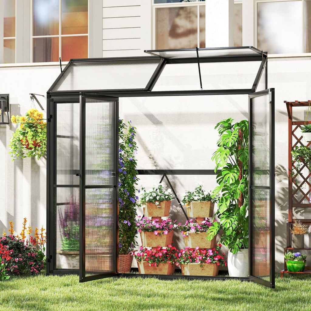Serre de Jardin Extérieure en Aluminium Serre Mini Walk-in avec Lucarne et 3 Portes Fermables Plaques PC Résistantes au Soleil Noir -