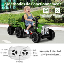 Load image into Gallery viewer, Tracteur Electrique avec Remorque pour Enfants 3 Vitesses Lumires LED Fonctions o USB et Bluetooth Jaune/Rose/Rouge/Vert/Vert Fonc/Noir -