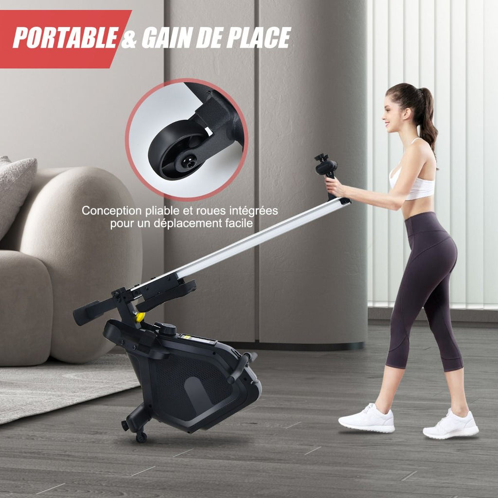 Rameur Magntique Rsistance 8 Niveaux Pliable 2 Roues Flexibles Rail Coulissant en Aluminium Ecran LCD Support d'Appareil -