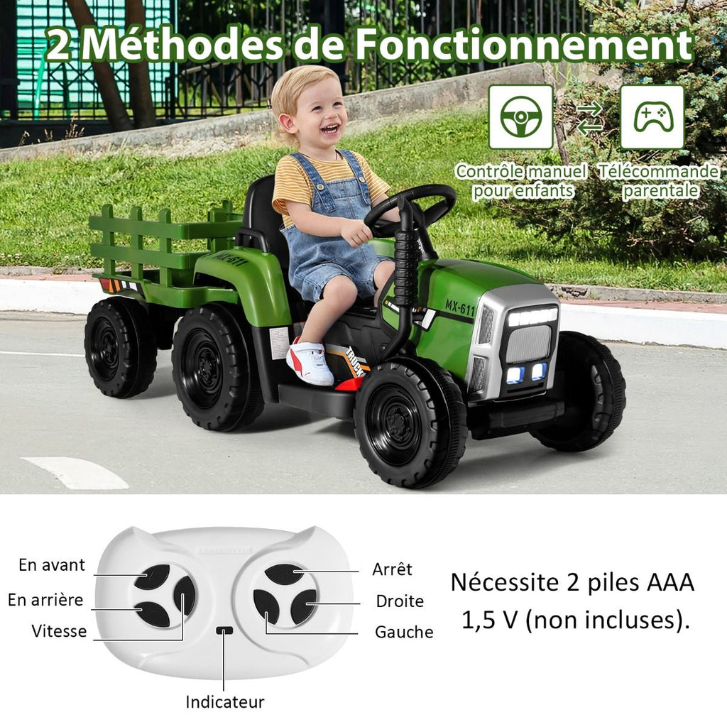 Tracteur Electrique avec Remorque pour Enfants 3 Vitesses Lumières LED Fonctions o USB et Bluetooth Jaune/Rose/Rouge/Vert/Vert Foncé/Noir -