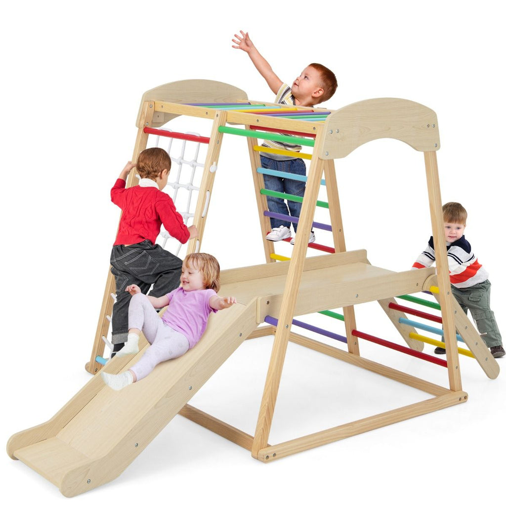 Triangle d'Escalade 6 en 1 en Bois avec Toboggan et Filet Barre pour Grimper Ramper et Glisser 1 An+ Coloré/Naturel -