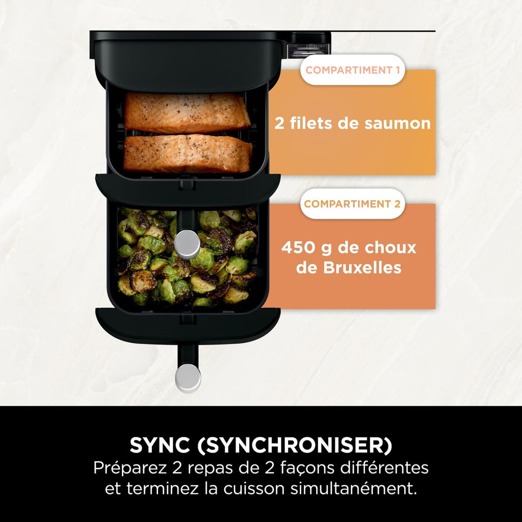 Foodi FlexDrawer Air Fryer,Dual Zone Avec Sparateur Amovible,Grand Tiroir de 10,4 L,7-en-1,Double Zone,Sans Huile,Pices Antiadhsives Compatibles Au Lave-Vaisselle,Noir AF500EU