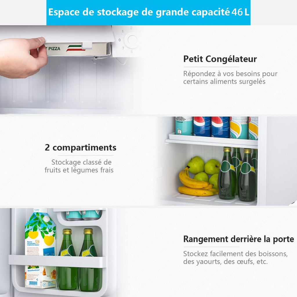 Mini Réfrigérateur 48L,2 niveaux et porte-bouteille,bac à légumes,Silencieux 230V,46 x 44 x 49 cm,Blanc -