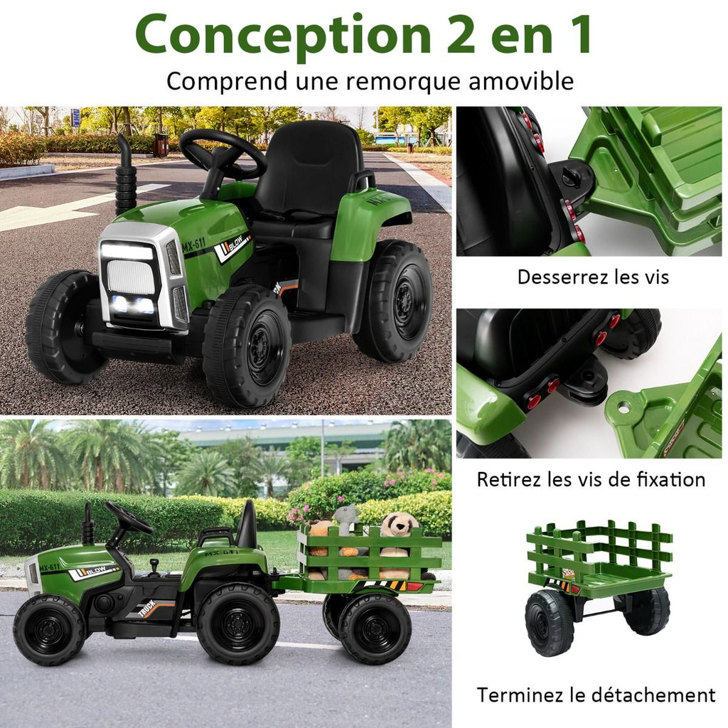 Tracteur Electrique avec Remorque pour Enfants 3 Vitesses Lumires LED Fonctions o USB et Bluetooth Jaune/Rose/Rouge/Vert/Vert Fonc/Noir -