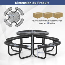 Load image into Gallery viewer, Table de Pique-Nique Ronde avec 4 Bancs Intégrés pour 8 Personnes Table de Camping en Métal avec Sièges et Trou pour Parasol 202x75cm Noir -