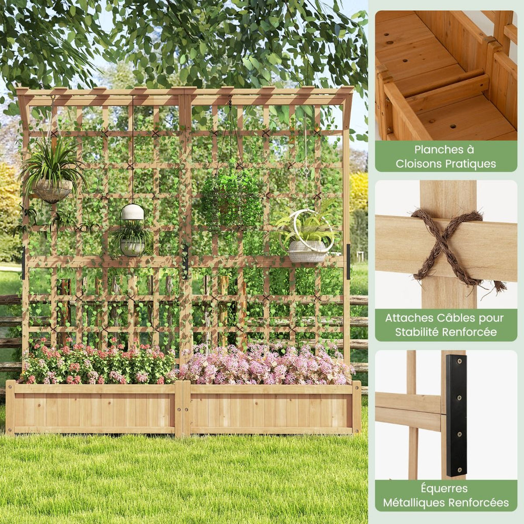 Jardinière avec 2 Treillis 2 Bacs Toit Suspendu en Bois Lit de Jardin Surélevé avec 4 Trous de Drainage 180 x 48 x 183 cm Orange -