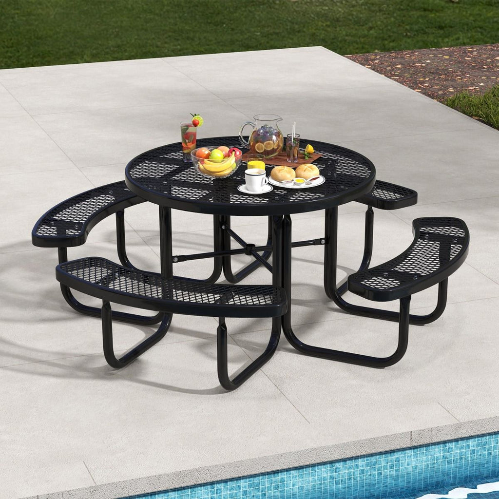 Table de Pique-Nique Ronde avec 4 Bancs Intégrés pour 8 Personnes Table de Camping en Métal avec Sièges et Trou pour Parasol 202x75cm Noir -