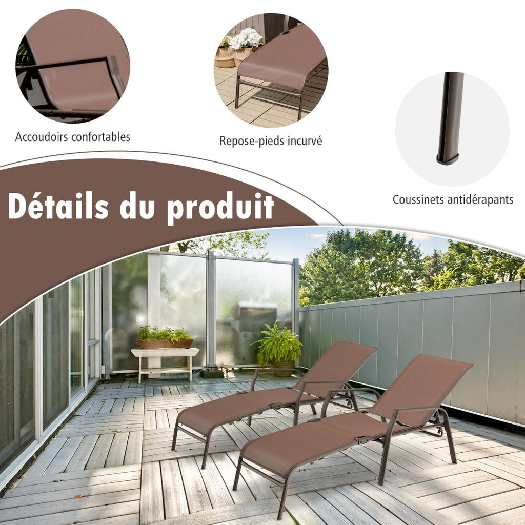 Lot de 2 Chaises longues avec Dossier Rglable Tissu Respirant Structure Robuste en Acier Charge Max 150KG -