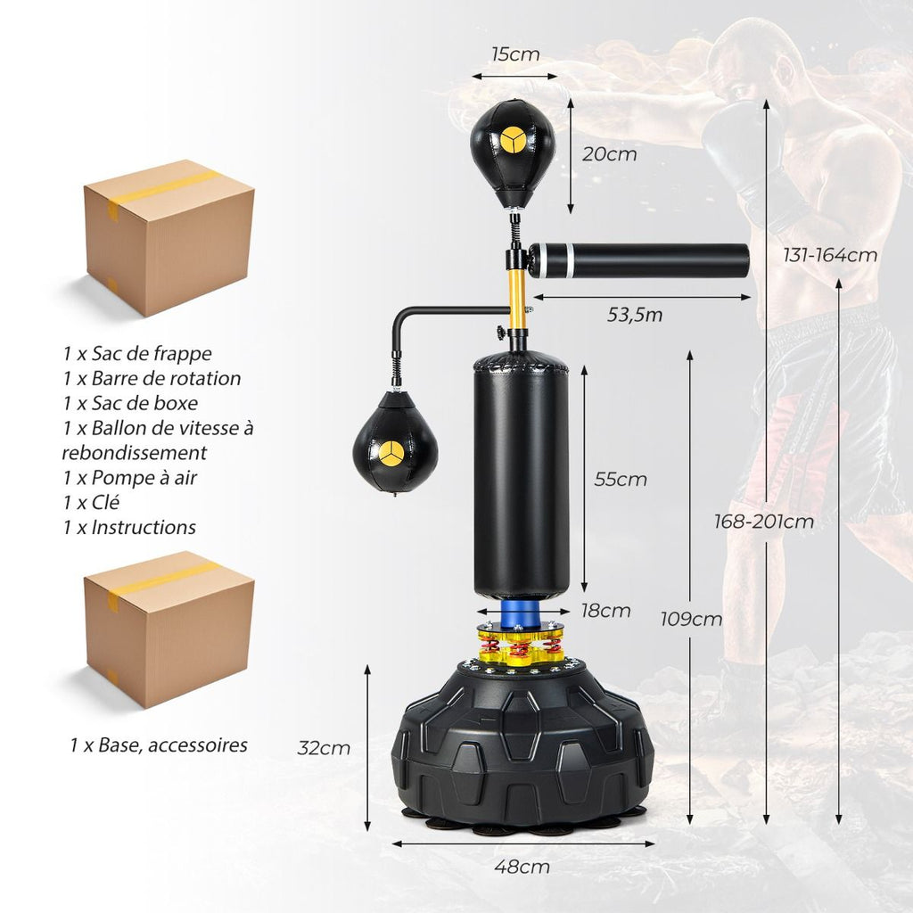 Sac de Frappe sur Pied Entraîneur de Vitesse en Boxe Barre Pivotante à 360° Punching Ball Hauteur Réglable 168-201cm pour MMA Adolescents & Adultes -