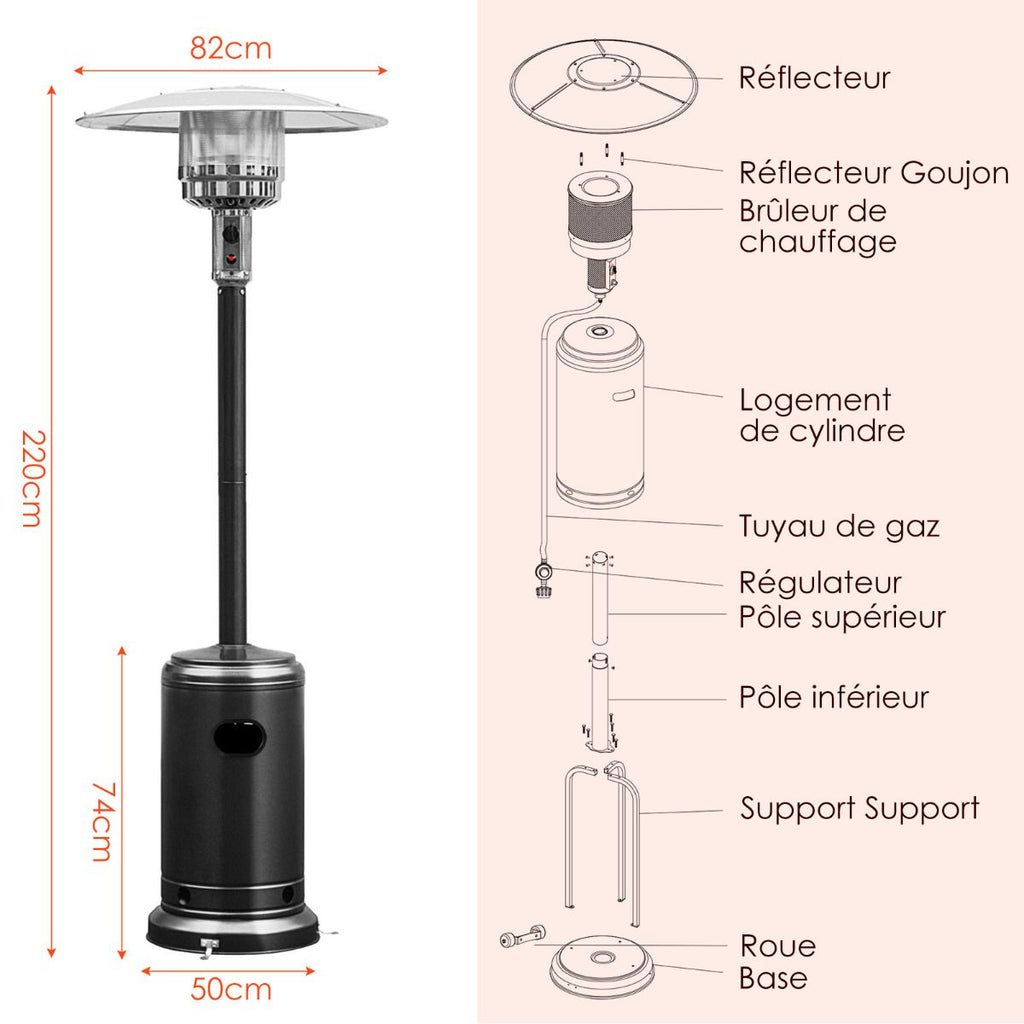 Parasol Chauffage Extérieur à Gaz 13KW Réflecteur 82cm avec Dispositif de Anti-basculement Tube 2 Roues Fluide 220cm Noir -