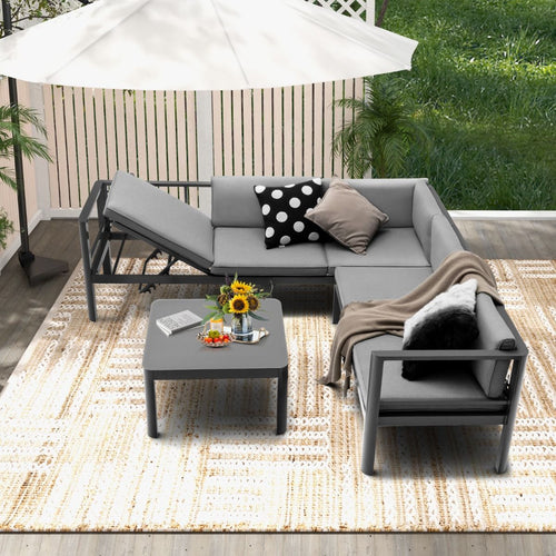 Salon de Jardin Extérieur avec Table Basse en Verre Trempé Canapéavec Dossier Inclinable à 6 Niveaux Coussins Inclus Gris -