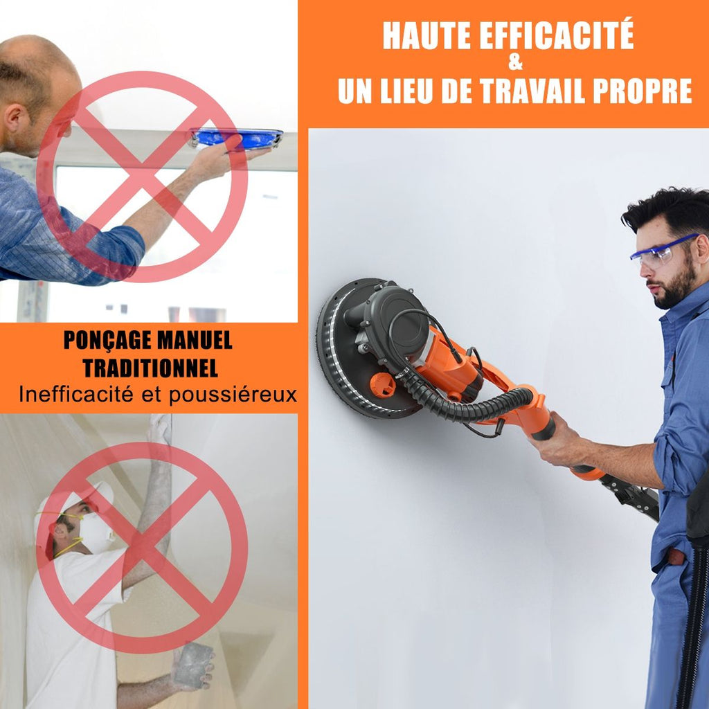Ponceuse  Pl芒tre Murale 750W 脴 225mm Aluminium 6 Vitesses Variables Lumires LED Manche Tlescopique 12 Disques Abrasifs -