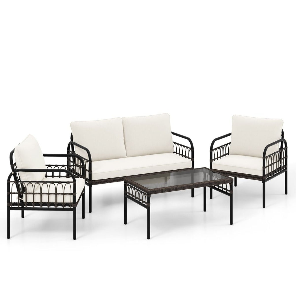 Meubles de Patio 4 Pièces en Rotin Charge 180-360KG avec Chaises Causeuse Coussins et Table Basse en Verre Trempé pour Balcon Blanc -